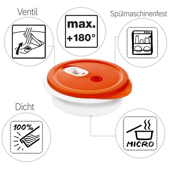 Rotho Micro Clever Mikrowellengeschirr 1l mit Deckel und Ventil, Kunststoff (PP) BPA-frei, rot/weiss, 1l (20.0 x 20.0 x 6.5 cm)