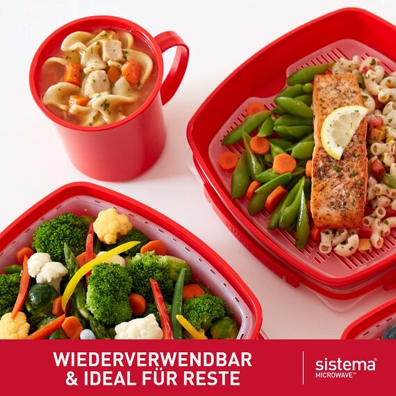 Sistema Microwave Suppentasse, mittelgroß | mikrowellenfeste Frischhaltedose | 656 ml | BPA-frei | rot | 3 Stück