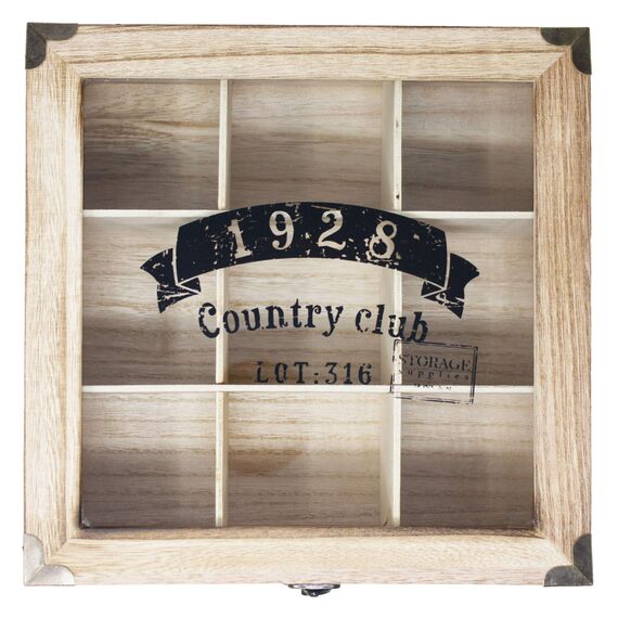 ToCi Teebox Holz Natur mit 9 Fächern – Rechteckige Teekiste mit Sichtfenster im Vintage-Look - Teedose zur Aufbewahrung von Teebeuteln, Gewürzen & Kleinteilen | 24 x 24 x 8,5 cm