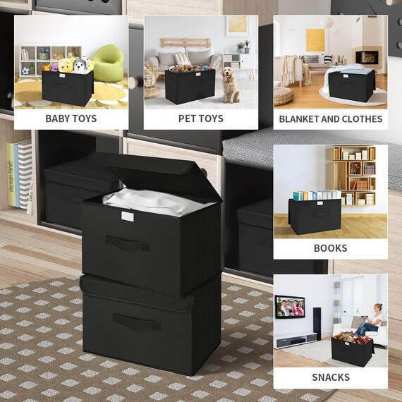 DIMJ 2 Stück Aufbewahrungsboxen mit Deckel, Faltbare Aufbewahrungskiste mit Griff, Aufbewahrungskorb Stoff, Ordnungsboxen Kleiderschrank Organizer, Faltbox für Kleidung, Schwarz