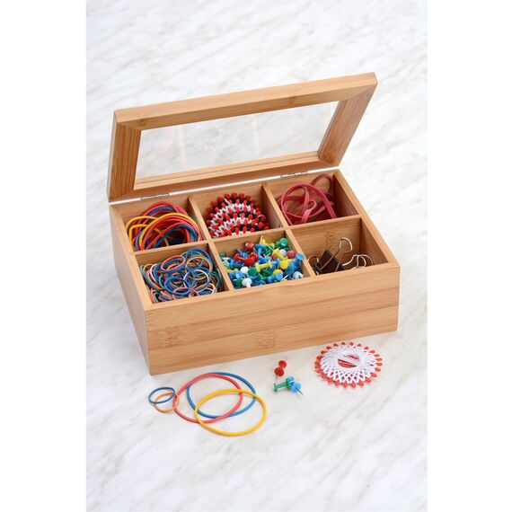 GRÄWE Aufbewahrungsbox aus Bambus mit 6 Fächern, klappbarer Deckel, Sichtfenster, Box zur Aufbewahrung von Kleinteilen - 21 x 16 x 7,5 cm