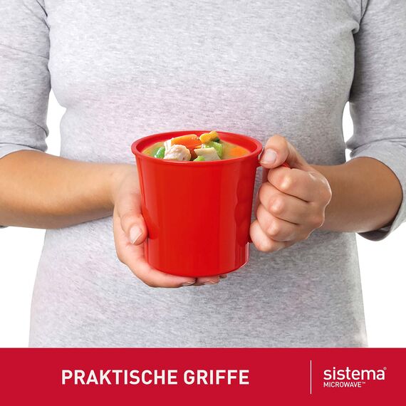 Sistema Microwave Suppentasse, mittelgroß | mikrowellenfeste Frischhaltedose | 656 ml | BPA-frei | rot | 3 Stück