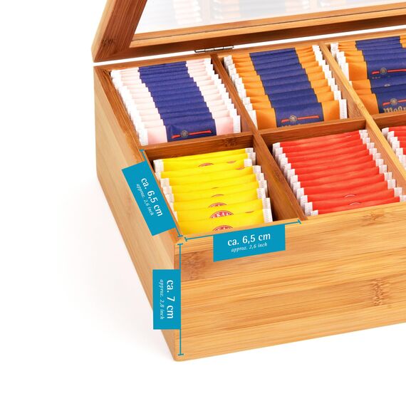 GRÄWE Teebox aus Bambus mit 10 Fächern, klappbarer Deckel, Sichtfenster, Teebeutelbox für aromageschützte Aufbewahrung von Tee - 36 x 20 x 9 cm