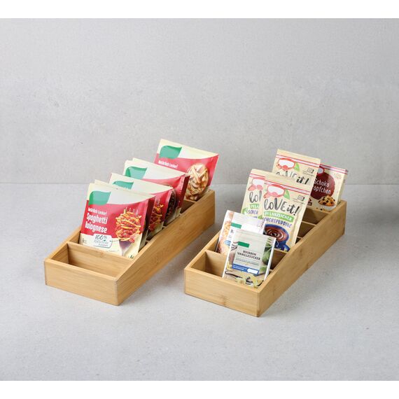 Kesper | Aufbewahrungsbox, 6 Fächer für Tütensuppen & Saucen, Material: FSC®-zertifizierter Bambus, Maße: 15 x 35 x 7 cm, Farbe: Braun | 70822