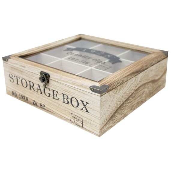 ToCi Teebox Holz Natur mit 9 Fächern – Rechteckige Teekiste mit Sichtfenster im Vintage-Look - Teedose zur Aufbewahrung von Teebeuteln, Gewürzen & Kleinteilen | 24 x 24 x 8,5 cm