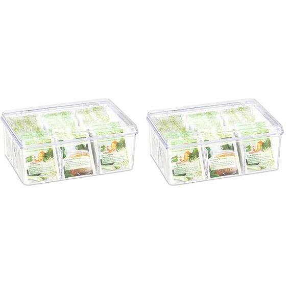 Relaxdays Teebox, 6 Fächer, 90 Teebeutel, Teedose mit Klappdeckel, Aromaschutz, HxBxT 9 x 21,5 x 14,5 cm, transparent (Packung mit 2)