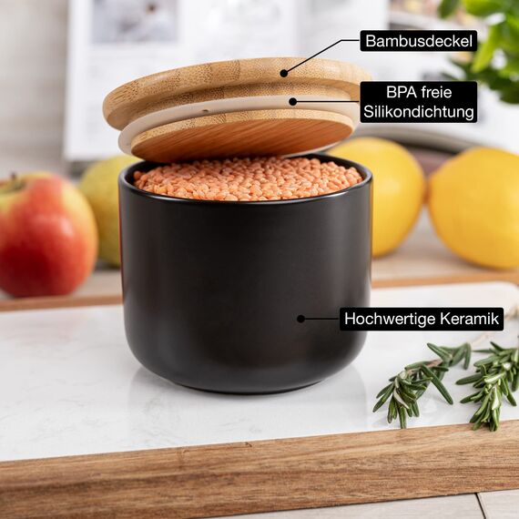 Moritz & Moritz Keramik Vorratsdose Schwarz 400 ml - Beschreibbar – Keramik Aufbewahrungsdose mit Deckel aus Bambus - Dose mit Deckel für Mehl, Kaffee, Müsli oder Badutensilien