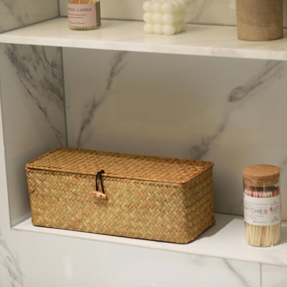 DECRAFTS Seegras Aufbewahrung Korb mit Deckel Natürliches Gewebt Geflochtener Rechteckig Regalkörbe mit Abschnitten zum Organisieren von Snackspielzeug Tampon Aufbewahrung