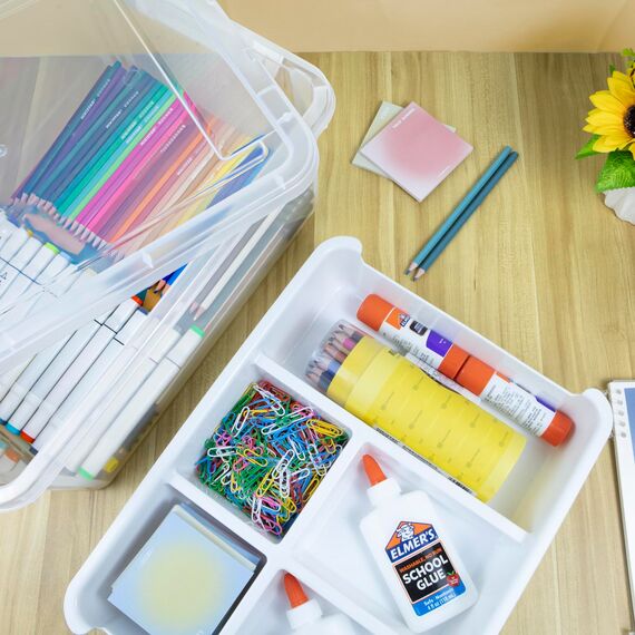 Creahaus 16L Aufbewahrungsbox mit herausnehmbarem Tablett, Kunststoffbehälter mit Deckel und Verschlussschnallen, stapelbare Bastelbox für Kunst, Playdoh, Werkzeug, Basteln, Spielzeug