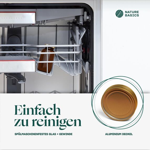 Nature Basics Vorratsdosen Glas Set - 4 x 400 ml - Braungläser mit Gewinde und dicht schließendem Aludeckel - zur Aufbewahrung von Lebensmitteln & Kosmetikartikeln - Luftdicht & Spülmaschinenfest