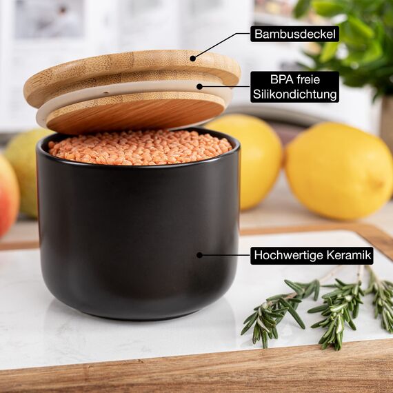 Moritz & Moritz 3x Vorratsdosen Schwarz 400ml, 600ml & 900 ml - Beschreibbar – 3x Keksdosen Keramik mit Deckel aus Bambus – Keramik Aufbewahrungsdose