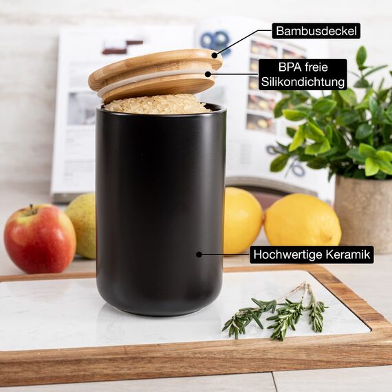 Moritz & Moritz Vorratsdose Schwarz 900 ml - Beschreibbar – Keramik Aufbewahrungsdose mit Deckel aus Bambus - Dose mit Deckel für Mehl, Kaffee, Müsli oder Badutensilien