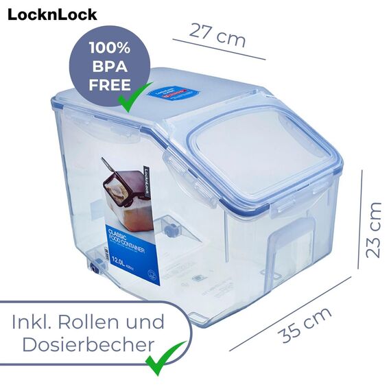LocknLock PP Classic Küchen Caddy mit Klappdeckel | inkl. Dosierbecher | 12L | 35 x 23 x 27 cm | Vorratsbehälter Schüttdose | Halb luftdichte Aufbewahrungsbox für Lebensmittel