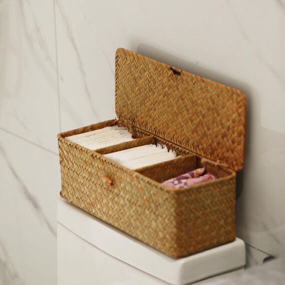 DECRAFTS Seegras Aufbewahrung Korb mit Deckel Natürliches Gewebt Geflochtener Rechteckig Regalkörbe mit Abschnitten zum Organisieren von Snackspielzeug Tampon Aufbewahrung