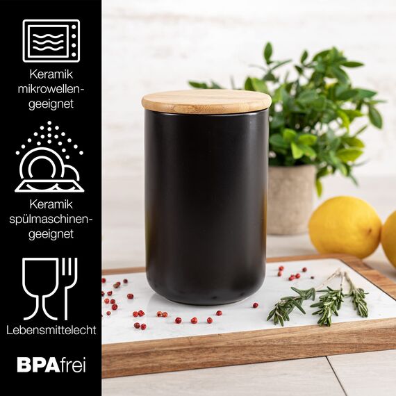 Moritz & Moritz Vorratsdose Schwarz 900 ml - Beschreibbar – Keramik Aufbewahrungsdose mit Deckel aus Bambus - Dose mit Deckel für Mehl, Kaffee, Müsli oder Badutensilien