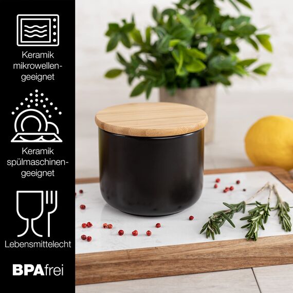 Moritz & Moritz Keramik Vorratsdose Schwarz 400 ml - Beschreibbar – Keramik Aufbewahrungsdose mit Deckel aus Bambus - Dose mit Deckel für Mehl, Kaffee, Müsli oder Badutensilien