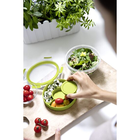 EMSA Clip & Go Salatbox, 1 L, mit Einsätzen für Toppings und Dressing, 100 Prozent dicht, mit Frischedichtung, Transparent, Hellgrün, Made in Germany, 518097