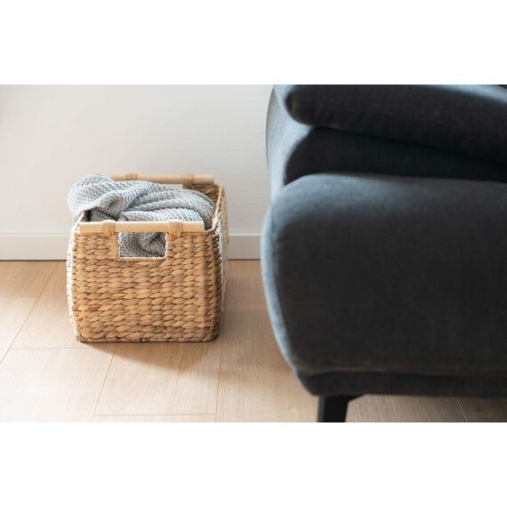 Decorasian Korb Aufbewahrung geflochten aus Wasserhyazinthe - Seegras lang und schmal mit Holzgriff Natur