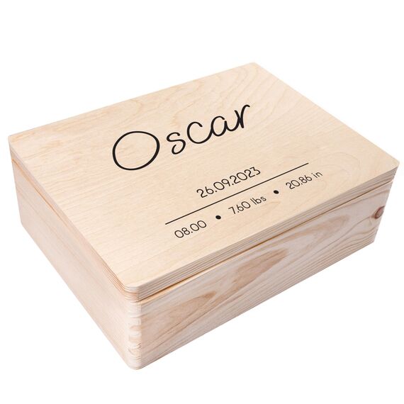 Creative Deco Erinnerungsbox Baby Personalisiert mit Namen | 40 x 30 x 14 cm | Minimalistisch | Individuelle Erinnerungskiste Geschenk zur Geburt für Mädchen und Jungen | Holzkiste mit Deckel