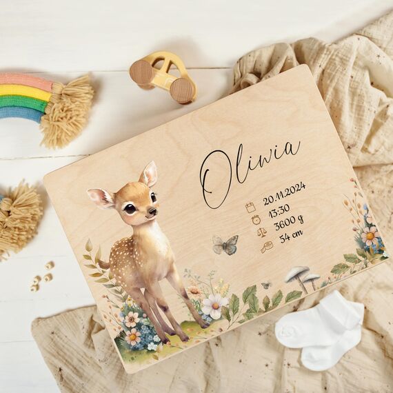 Creative Deco Erinnerungsbox Baby Personalisiert mit Namen - Waldtiere | 40 x 30 x 14 cm | Individuelle Erinnerungskiste Geschenk zur Geburt für Mädchen und Jungen | Holzkiste mit Deckel | Farbdruck
