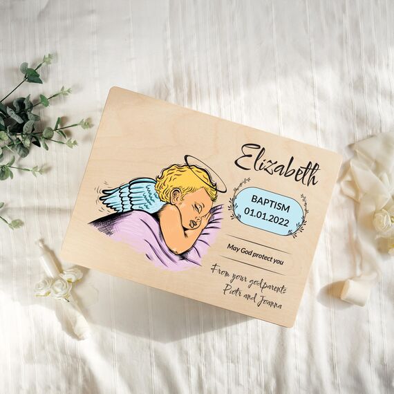 Creative Deco Personalisiert zur Taufe Geschenk für Mädchen und Junge | Mehrere Taufe Motiv | Holzkiste Erinnerungsbox Deko | Individuelle Geschenk Spielzeugkiste Holzbox mit Deckel | Spardose