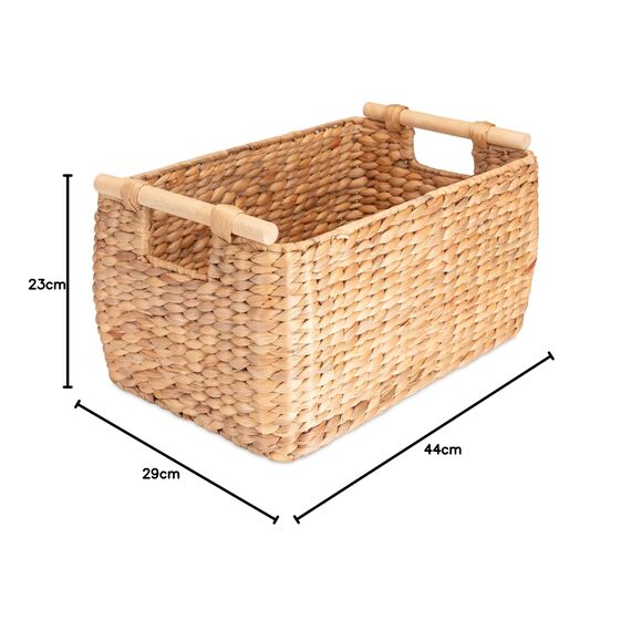 Decorasian Korb Aufbewahrung geflochten aus Wasserhyazinthe - Seegras lang und schmal mit Holzgriff Natur