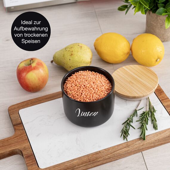 Moritz & Moritz Keramik Vorratsdose Schwarz 400 ml - Beschreibbar – Keramik Aufbewahrungsdose mit Deckel aus Bambus - Dose mit Deckel für Mehl, Kaffee, Müsli oder Badutensilien