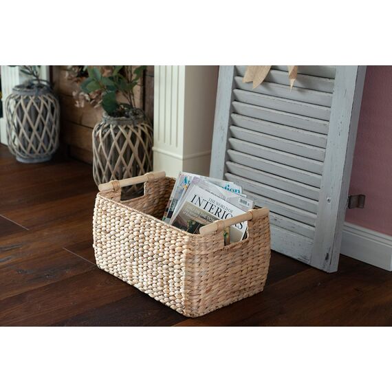 Decorasian Korb Aufbewahrung geflochten aus Wasserhyazinthe - Seegras lang und schmal mit Holzgriff Natur