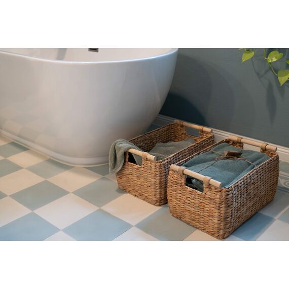 Decorasian Korb Aufbewahrung geflochten aus Wasserhyazinthe - Seegras lang und schmal mit Holzgriff Natur