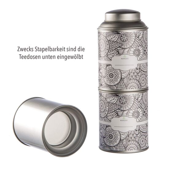 4 große Teedosen für losen Tee mit extra Aromadeckel inkl. Etiketten | stapelbar | Höhe: ca. 13,9 cm, Ø ca. 8,7 cm (für ca. 100g - 150g Tee) | Material: Weißblech | BPA-frei und lebensmittelecht