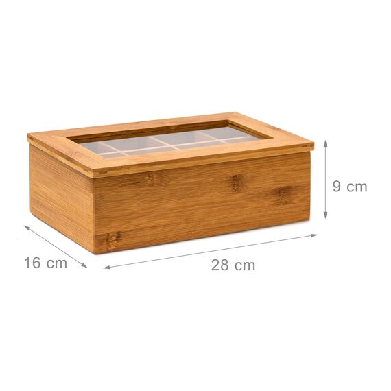 Relaxdays Teebox mit 8 Fächern, Bambus, Teebeutel Aufbewahrung, Teekiste mit Sichtfenster, HBT: 9 x 28 x 16 cm, natur