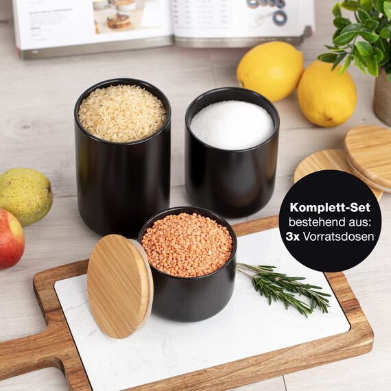 Moritz & Moritz 3x Vorratsdosen Schwarz 400ml, 600ml & 900 ml - Beschreibbar – 3x Keksdosen Keramik mit Deckel aus Bambus – Keramik Aufbewahrungsdose