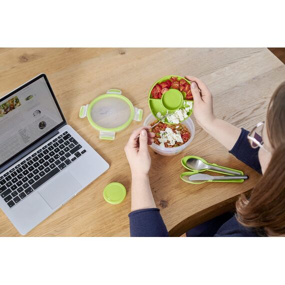 EMSA Clip & Go Salatbox, 1 L, mit Einsätzen für Toppings und Dressing, 100 Prozent dicht, mit Frischedichtung, Transparent, Hellgrün, Made in Germany, 518097