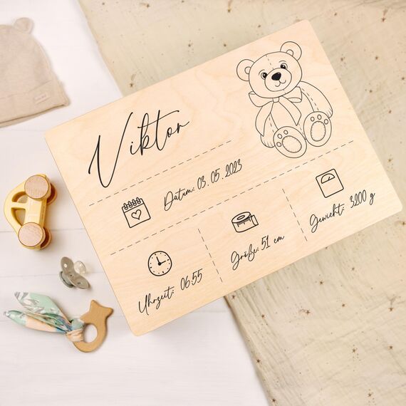 Creative Deco Erinnerungsbox Baby Personalisiert mit Namen | 40 x 30 x 14 cm | Individuelle Erinnerungskiste Geschenk zur Geburt für Mädchen und Jungen | Holzkiste mit Deckel | Farbdruck