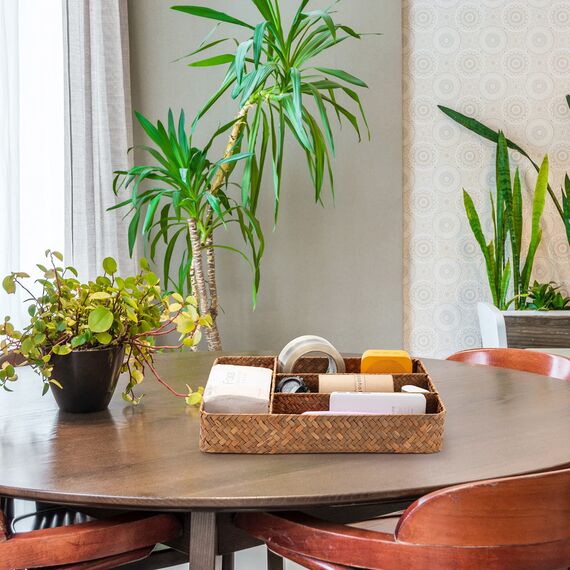 DECRAFTS Seegras Aufbewahrung Korb Natürliches Gewebt Geflochtener Rechteckig Bestecktablett Regalkörbe mit Abschnitten zum Organisieren