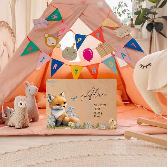 Creative Deco Erinnerungsbox Baby Personalisiert mit Namen - Waldtiere | 40 x 30 x 14 cm | Individuelle Erinnerungskiste Geschenk zur Geburt für Mädchen und Jungen | Holzkiste mit Deckel | Farbdruck