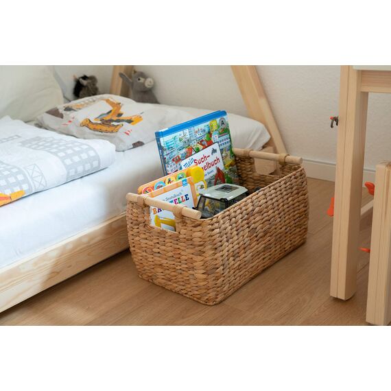 Decorasian Korb Aufbewahrung geflochten aus Wasserhyazinthe - Seegras lang und schmal mit Holzgriff Natur