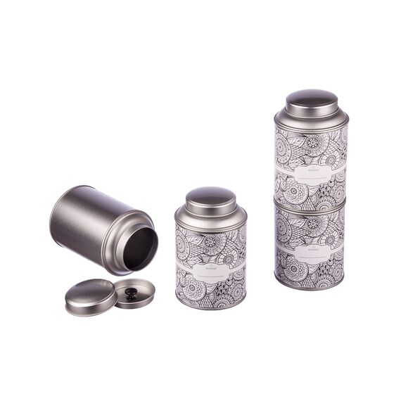 4 große Teedosen für losen Tee mit extra Aromadeckel inkl. Etiketten | stapelbar | Höhe: ca. 13,9 cm, Ø ca. 8,7 cm (für ca. 100g - 150g Tee) | Material: Weißblech | BPA-frei und lebensmittelecht