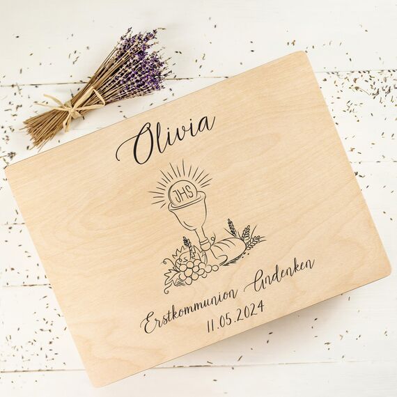 Creative Deco Personalisiert Kommunion/Konfirmation Geschenke für Mädchen und Jungen - Holzkiste | Kelch Motiv | Individuelle Geschenk Erinnerungsbox | Erstkommunion Deko