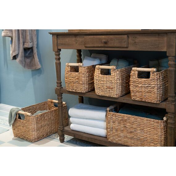 Decorasian Korb Aufbewahrung geflochten aus Wasserhyazinthe - Seegras lang und schmal mit Holzgriff Natur