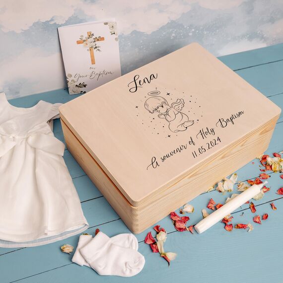 Creative Deco Personalisiert zur Taufe Geschenk für Mädchen und Junge | Mehrere Taufe Motive | Holzkiste Erinnerungsbox Deko | Individuelles Geschenk Spielzeugkiste Holzbox mit Deckel | Spardose