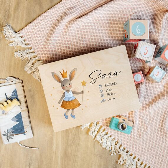 Creative Deco Erinnerungsbox Baby Personalisiert mit Namen - Waldtiere | 40 x 30 x 14 cm | Individuelle Erinnerungskiste Geschenk zur Geburt für Mädchen und Jungen | Holzkiste mit Deckel | Farbdruck