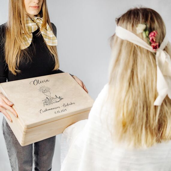 Creative Deco Personalisiert Kommunion/Konfirmation Geschenke für Mädchen und Jungen - Holzkiste | Kelch Motiv | Individuelle Geschenk Erinnerungsbox | Erstkommunion Deko