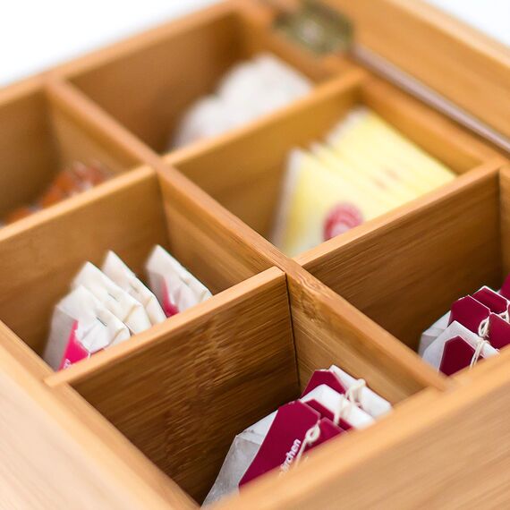 Relaxdays Teebox mit 6 Fächern, Bambus, Teebeutel Aufbewahrung, Teekiste mit Sichtfenster, HBT: 9 x 22 x 16 cm, natur