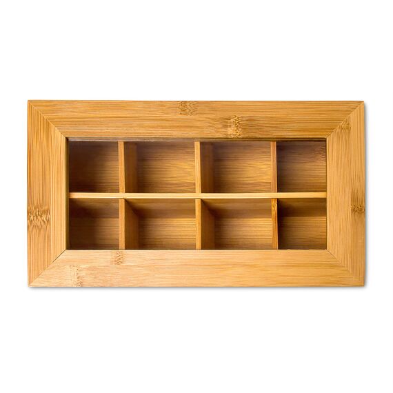 Relaxdays Teebox mit 8 Fächern, Bambus, Teebeutel Aufbewahrung, Teekiste mit Sichtfenster, HBT: 9 x 28 x 16 cm, natur