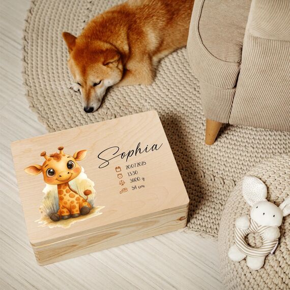 Creative Deco Erinnerungsbox Baby Personalisiert mit Namen - Waldtiere | 40 x 30 x 14 cm | Individuelle Erinnerungskiste Geschenk zur Geburt für Mädchen und Jungen | Holzkiste mit Deckel | Farbdruck