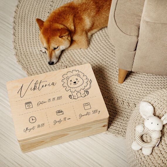 Creative Deco Erinnerungsbox Baby Personalisiert mit Namen | 40 x 30 x 14 cm | Individuelle Erinnerungskiste Geschenk zur Geburt für Mädchen und Jungen | Holzkiste mit Deckel | Farbdruck