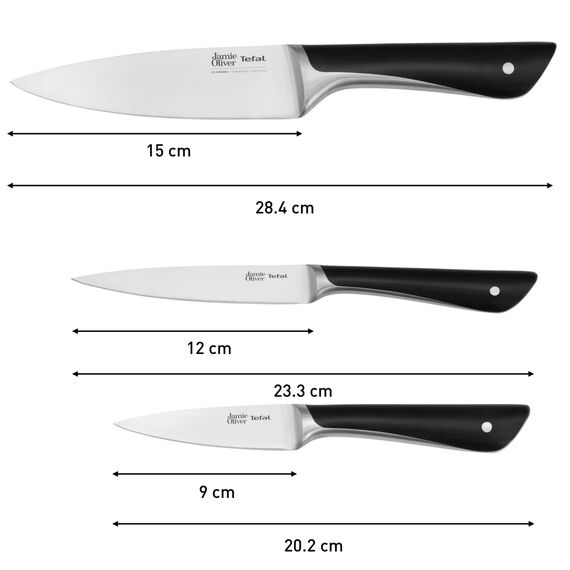 Tefal Jamie Oliver 3-teiliges Messerset, Kochmesser, Universalmesser, Schälmesser, hohe Schneideleistung, unverwechselbares Design, widerstandsfähige Klingen, Edelstahl, schwarz, K267S355