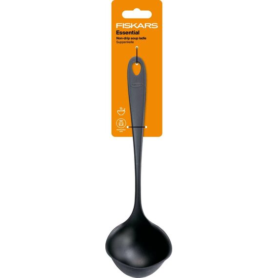 Fiskars Suppenlöffel mit tropfsicherem Rand, Essential, Kunststoff, Länge: 28,6 cm, Volumen: 100 ml, Für rechts- und linkshändigen Gebrauch, Schwarz, 1079059