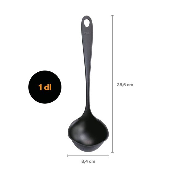 Fiskars Suppenlöffel mit tropfsicherem Rand, Essential, Kunststoff, Länge: 28,6 cm, Volumen: 100 ml, Für rechts- und linkshändigen Gebrauch, Schwarz, 1079059